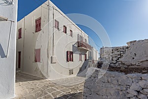 Typical street and white houses in Mykonos, Cyclades, Greece