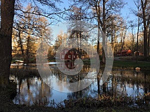 A typical swedish house alongside a small pond in winter