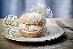 Typical Swedish semla with sweet cream. Generative AI