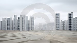 Typical tall and slim gray skyscrapers. Construction project in the middle of a desert, dull and dusty. Generative AI