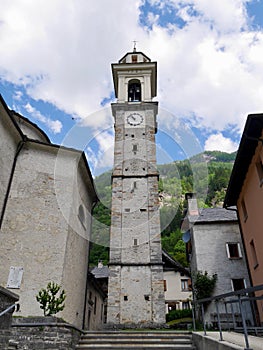 Typical Ticino stone church in Sonogno, Verzasca Valley, Switzerland.