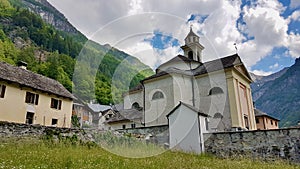 Typical Ticino stone church in Sonogno, Verzasca Valley, Switzerland.
