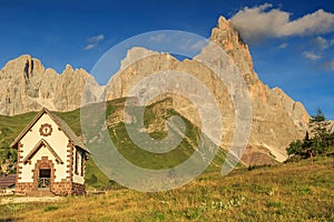 Typical Tirolian chapel in the Dolomites,Cimon Della Pala,Italy