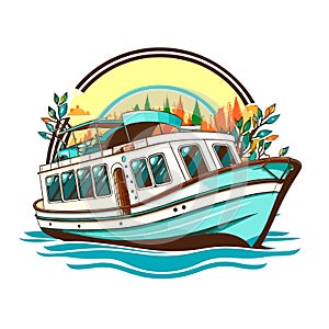 Typical touring boat. Leisure and holidays on the water. Cartoon vector illustration. label, sticker