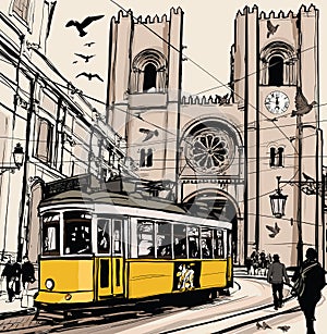 Typical tramway in Lisbon near Se cathedral