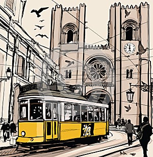 Typical tramway in Lisbon near Se cathedral photo
