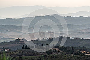 Typical Tuscan landscape in val d Elsa with hills and cypresses in the very early morning