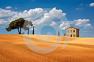 Typical Tuscan old farmhouse with a beautiful landscape in the background. View on the facade