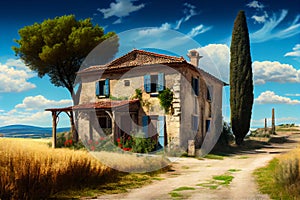 Typical Tuscan old farmhouse with a beautiful landscape in the background. View on the facade. Illustration