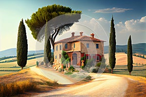 Typical Tuscan old farmhouse with a beautiful landscape in the background. View on the facade. Illustration