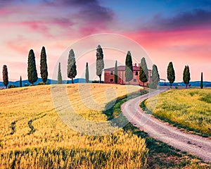 Typical Tuscan view with farmhouse and cypress trees. Colorful summer view of Italian countryside, Val d`Orcia valley, Pienza