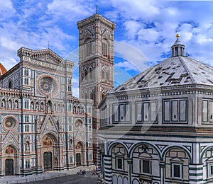 Typical urban view of Florence: the Cathedral of Santa Maria del Fiore with Giotto\'s Bell Tower and the Baptistery, Italy.