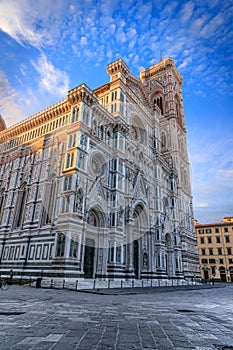 Typical urban view of Florence in Italy: the main facade of Cathedral of Santa Maria del Fiore.