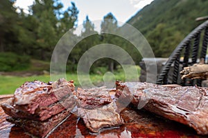 Typical Uruguayan and Argentine Asado Cooked on fire. Entrana and Vacio meat cuts. Accompanied with Chorizo photo