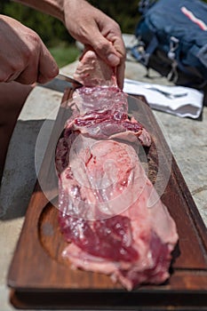 Typical Uruguayan and Argentine Asado Cooked on fire. Entrana and Vacio meat cuts. Accompanied with Chorizo photo