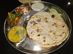 Typical vegetarian thali provided by the office canteen staff.