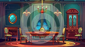 Typical Victorian dining room interior with wooden table, chairs, and chandelier. Modern parallax background for 2D