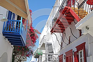 Typical view full of light and color in the streets of Chora in Mikonos photo