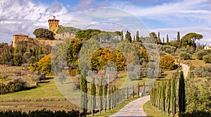 Typical view in Tuscany with cypress trees and beautiful country estates