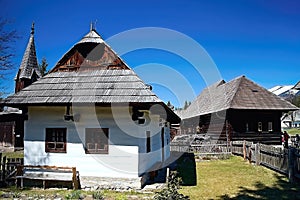 Typical view of wooden historical houses in the Museum of Liptov Village - open-air museum Pribylina.