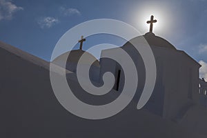 Typical white and blue chapel in Greece