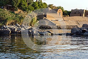 Typical white houses of a Nubian village surrounded by palm trees near Cairo Egypt and on the banks