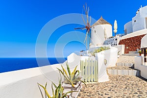 Typical white windmill on street of Oia village, Santorini island, Greece