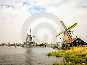 Typical windmills in holland, Zaanse Schans near Amsterdam