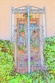 Typical Window Of Southern Spain Decorated With Colored Flower Pots For Use As Background. Screensavers Backgrounds Textures.