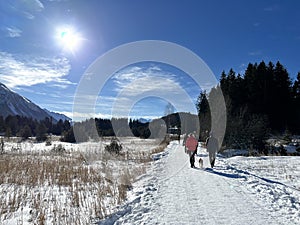 A typical winter idyll on the frozen and snow-covered alpine lake Heidsee (Igl Lai) in the winter resort Lenzerheide