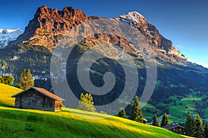 Typical wooden alpine chalets,Eiger North face,Grindelwald,Switzerland,Europe