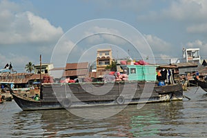  Typical wooden boat at the Cai Rang Floating Market Vietnam.