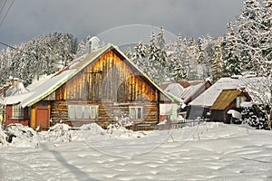 Typical wooden house in mountain village Bully near Donovaly