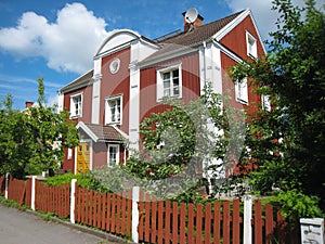 Typical wooden red house. Linkoping. Sweden