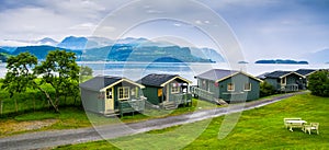 Typical wooden rorbu or fisherman`s houses in Norway