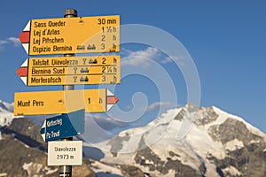 Typical yellow Signpost in the Swiss alps