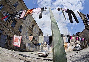 Typicl old Odessa courtyard with clothes,Ukraine