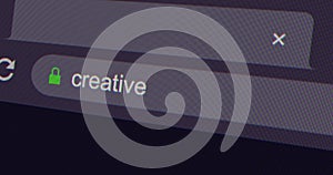 Typing creative into address bar search screen animation, screen view of search page