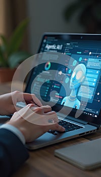 Typing on laptop with AI interface. Artificial Intelligence.
