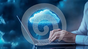 Typing on Laptop with Cloud Computing Visualization