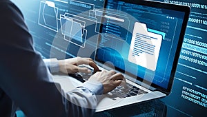 typing on laptop with glowing code data stream background digital screen