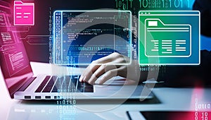 typing on laptop with glowing code data stream background digital screen