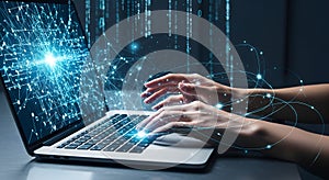 Typing on a laptop with glowing digital network and binary code, representing big data