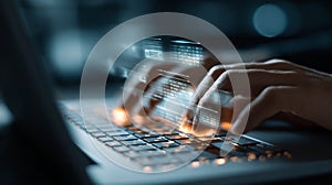 Typing on laptop keyboard for coding and programming with blurred code overlay for software development