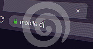 Typing mobile device into address bar search screen animation, screen view of search page