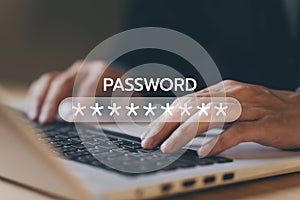 Typing password on laptop. Cyber security. Data protection information. Encryption and safety secured access to user personal data
