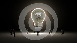 Typo 'Brand Loyalty' in light bulb and surrounded businessmen, engineers, idea concept version (included