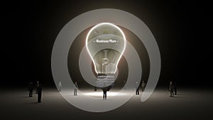 Typo 'Business Plan' in light bulb and surrounded businessmen, engineers, idea concept version (included