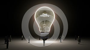 Typo 'Cloud computing' in light bulb and surrounded businessmen, engineers, idea concept version (included