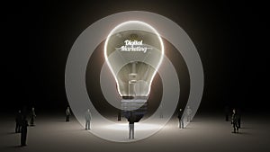 Typo 'Digital Marketing' in light bulb and surrounded businessmen, engineers, idea concept version (included